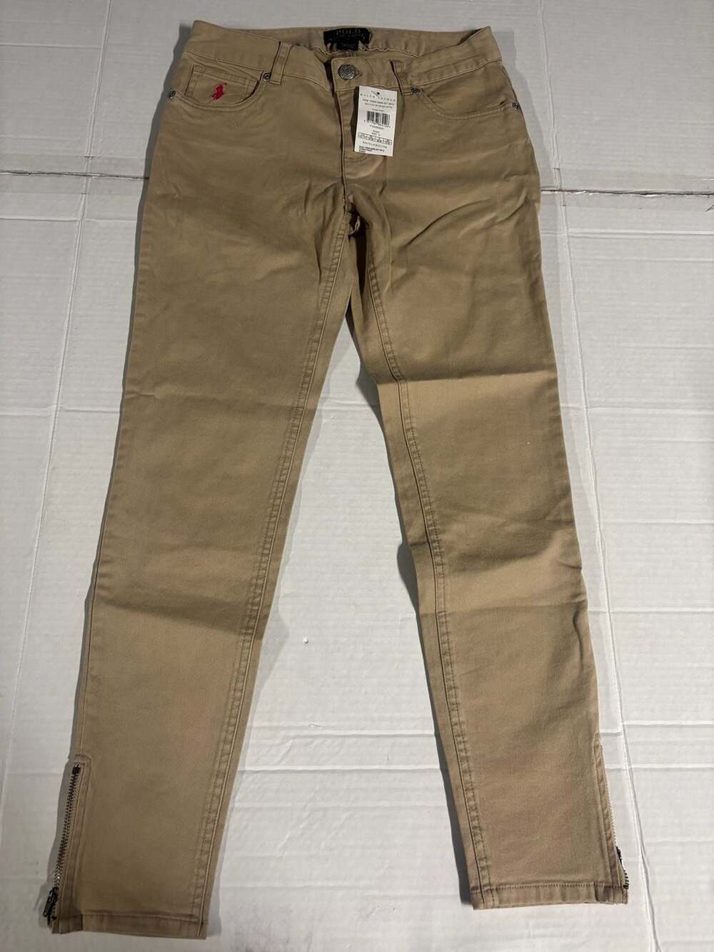 Polo Ralph Lauren Khaki Chinon Pants with Zipper Detail Size 12 Brand New